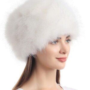 Women's Faux Fur Hat Winter Warm Slip-On Cossack Russian Style White